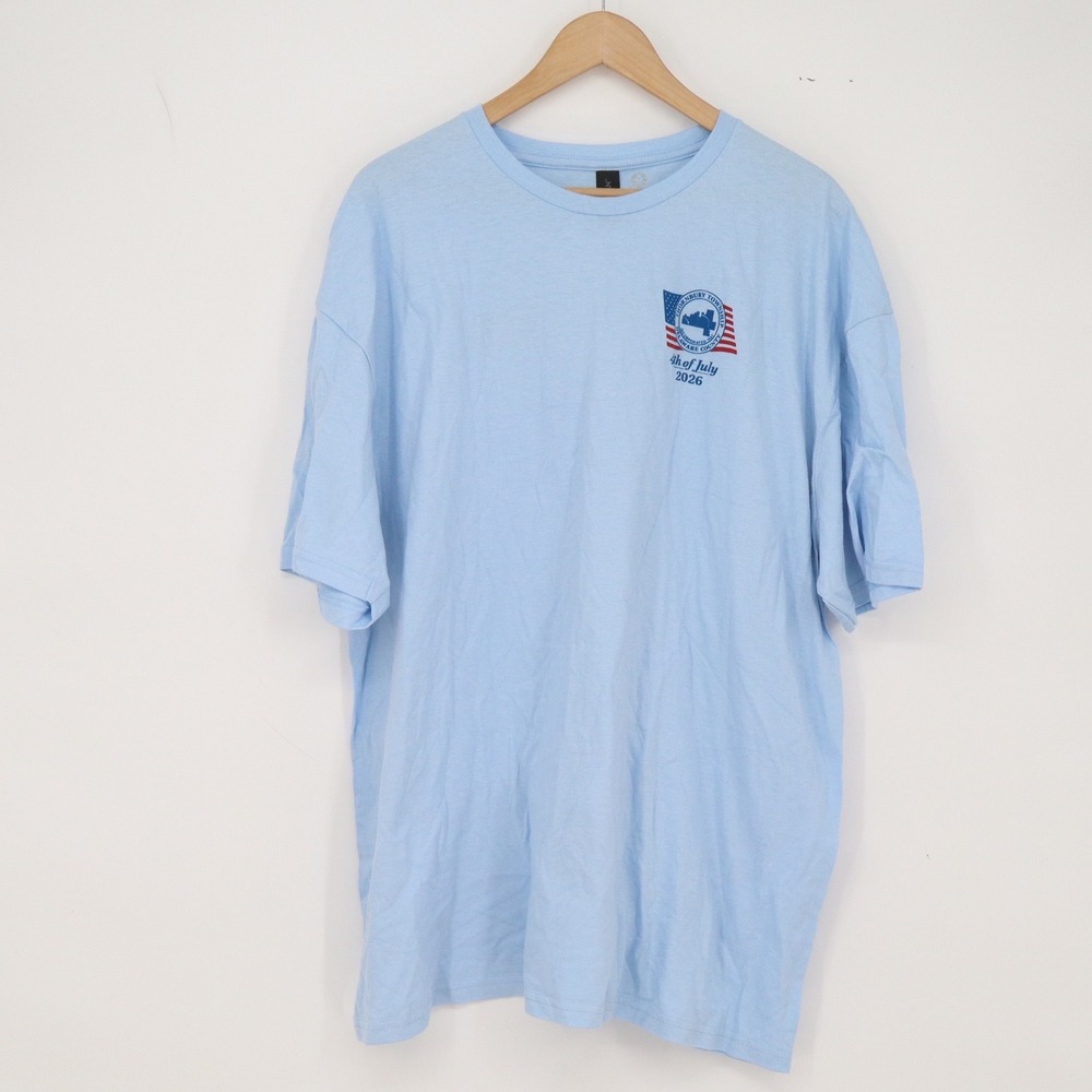 Gildan T-Shirt Mens 2XL Softstyle Light Blue America 250 Graphic Excellent